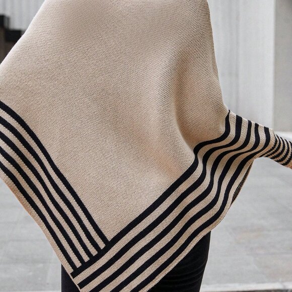 Khaki Casual Women's Striped Pattern Batwing Sleeve Asymmetrical Hem Poncho Swea - Picture 3 of 5